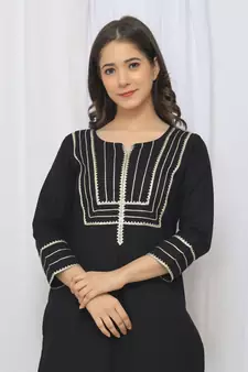 Black Solid Color With Gota Embellished Pure Cotton Kurti Dupatta Skirt Set For Women