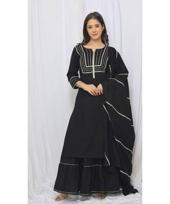 Black Solid Color With Gota Embellished Pure Cotton Kurti Dupatta Skirt Set For Women 5