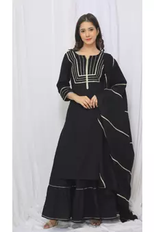 Black Solid Color With Gota Embellished Pure Cotton Kurti Dupatta Skirt Set For Women