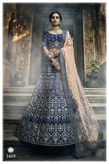Navy-blue pure gota with zari and thread embroidered art silk Semi Stitched bridal lehenga