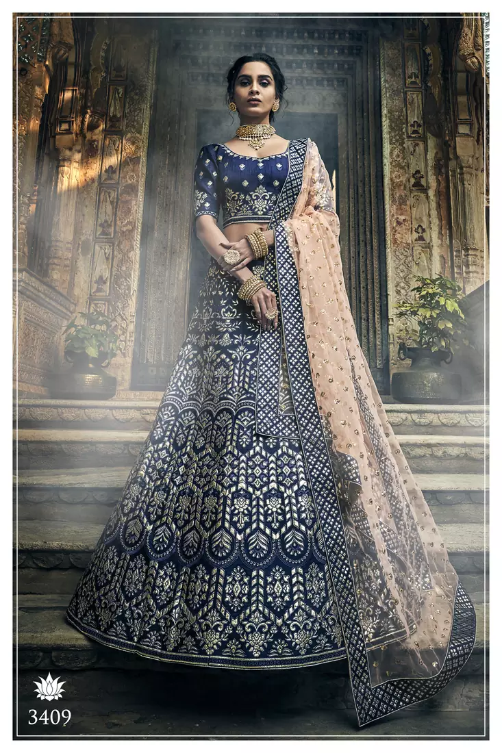 Navy-blue pure gota with zari and thread embroidered art silk Semi Stitched bridal lehenga