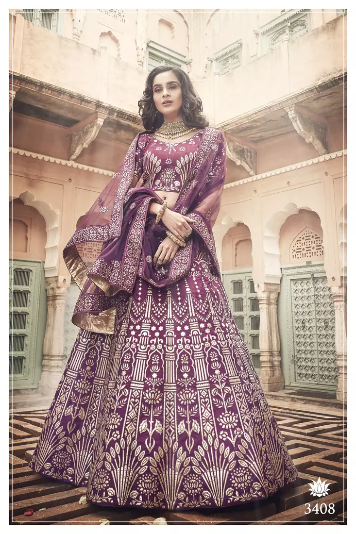 Glamorous Wine Colored Thread and zari embroidered with Pure gota work Art-Silk Fabric Lehenga Choli for Bride