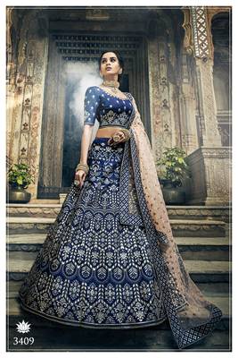 Navy-blue pure gota with zari and thread embroidered art Silk Semi Stitched Bridal Lehenga 2