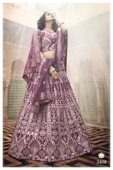 Wine Colored Thread And Zari Embroidered With Pure Gota Work Art-Silk Lehenga Choli For Bride