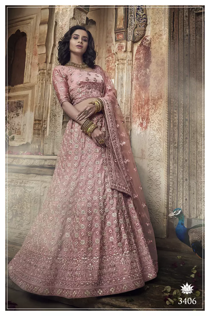 Salmon Pink Zarkan, Gota, Thread and Zari Embroidered satin Semi Stitched bridal lehenga