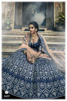 Navy-blue pure gota with zari and thread embroidered art Silk Semi Stitched Bridal Lehenga 3