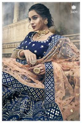 Navy-blue pure gota with zari and thread embroidered art Silk Semi Stitched Bridal Lehenga 4