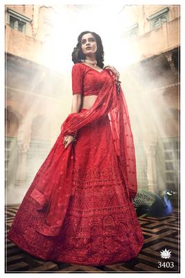 Red embroidered net Semi Stitched Bridal lehenga 1