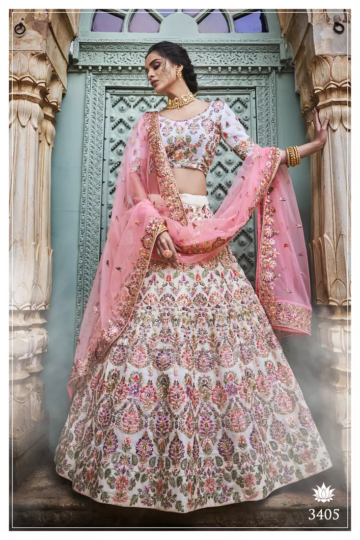 ELEGANT Off-white Heavy thread embroidered georgette Semi-stitched lehenga