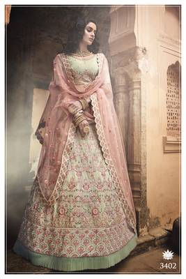 Pista green Swarovski, Thread, Zari, Cutwork, Heavy embroidered Georgette Semi Stitched Bridal Lehenga 1