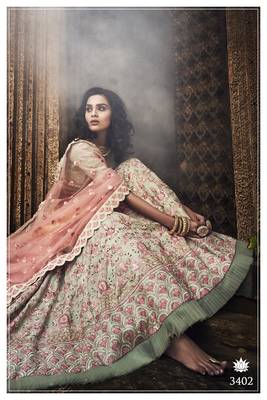 Pista green Swarovski, Thread, Zari, Cutwork, Heavy embroidered Georgette Semi Stitched Bridal Lehenga 2
