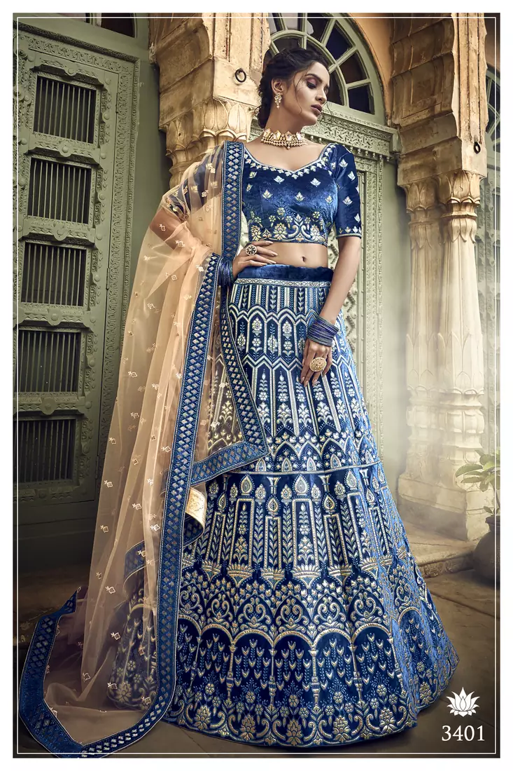 Blue colored Pure Gota, Thread, Zari, Heavy Embroidered velvet semi stitched Bridal lehenga