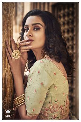Pista green Swarovski, Thread, Zari, Cutwork, Heavy embroidered Georgette Semi Stitched Bridal Lehenga 3