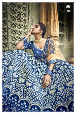 Blue colored Pure Gota, Thread, Zari, Heavy Embroidered velvet Semi Stitched Bridal Lehenga 3