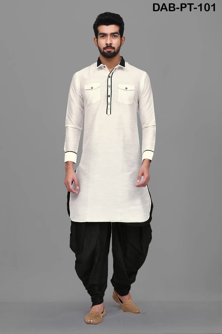 White plain dupion silk pathani-suits
