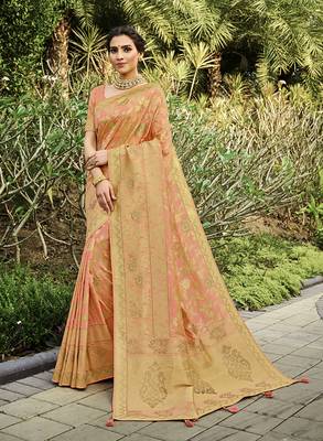 light pink woven banarasi silk saree with blouse 1