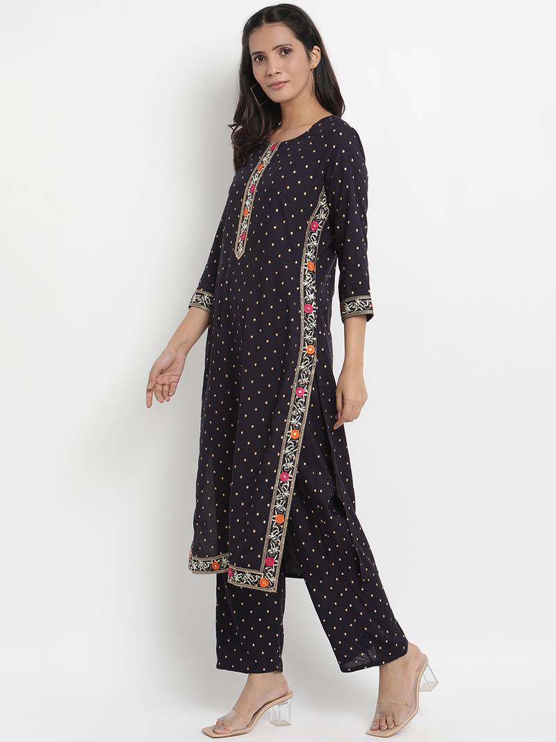 Prakhya Women's Embroidered Long Straight Rayon Kurta Set