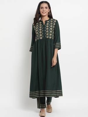 Prakhya Women's Embroidered Long A-line Rayon Kurta Set 1