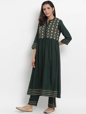 Prakhya Women's Embroidered Long A-line Rayon Kurta Set 3