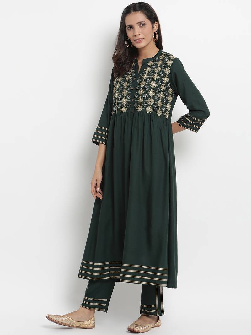 Prakhya Women's Embroidered Long A-line Rayon Kurta Set