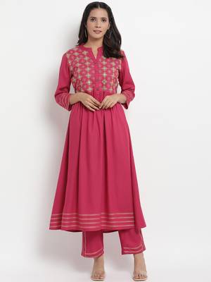 Prakhya Women's Embroidered Long A-line Rayon Kurta Set 1