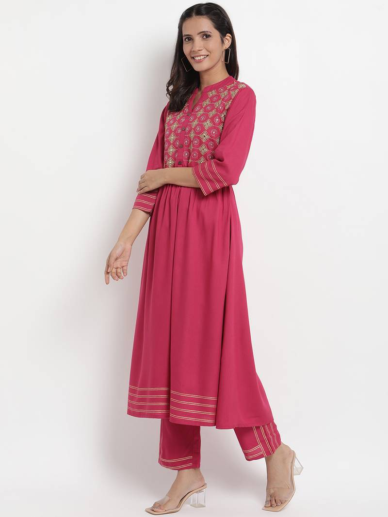 Prakhya Women's Embroidered Long A-line Rayon Kurta Set