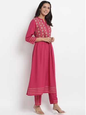 Prakhya Women's Embroidered Long A-line Rayon Kurta Set 4