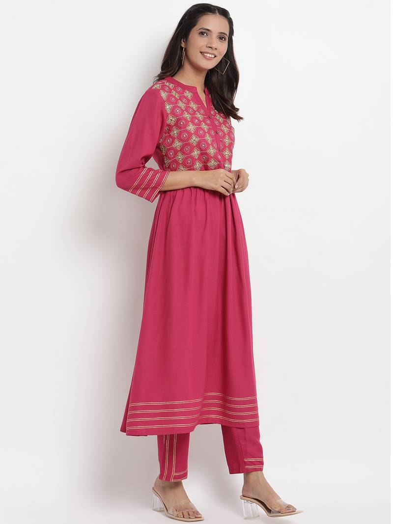 Prakhya Women's Embroidered Long A-line Rayon Kurta Set