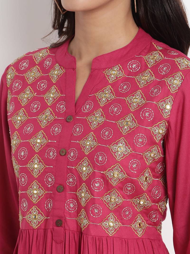 Prakhya Women's Embroidered Long A-line Rayon Kurta Set