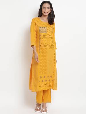 Prakhya Women's Embroidered Long Straight Rayon Kurta Set 1