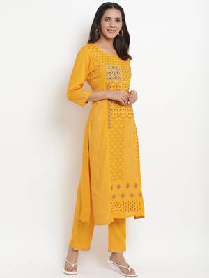 Prakhya Women's Embroidered Long Straight Rayon Kurta Set 4