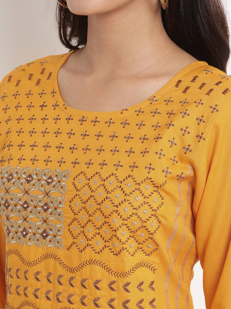 Prakhya Women's Embroidered Long Straight Rayon Kurta Set