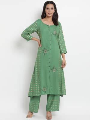 Prakhya Women's Embroidered Long A-line Rayon Kurta Set 1