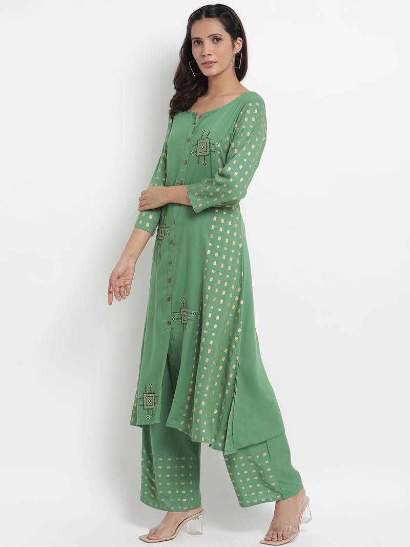 Prakhya Women's Embroidered Long A-line Rayon Kurta Set