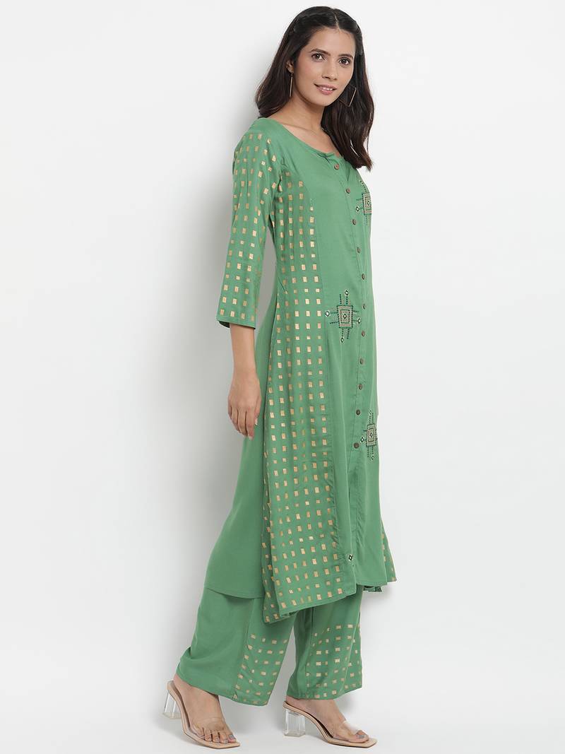 Prakhya Women's Embroidered Long A-line Rayon Kurta Set