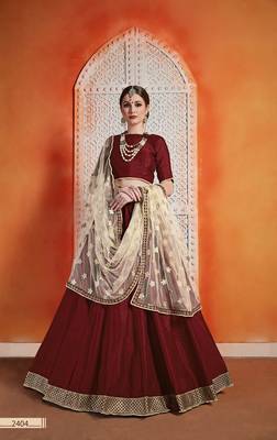 Maroon embroidered velvet semi stitched lehenga 1