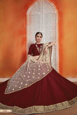 Maroon embroidered velvet semi stitched lehenga 2
