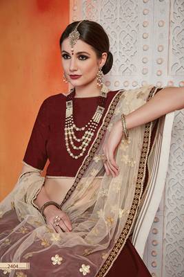 Maroon embroidered velvet semi stitched lehenga 3