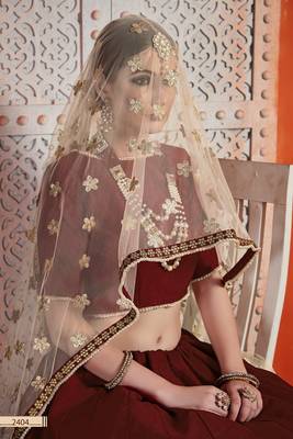 Maroon embroidered velvet semi stitched lehenga 4
