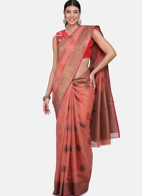 Peach Cotton Traditional Saree 1