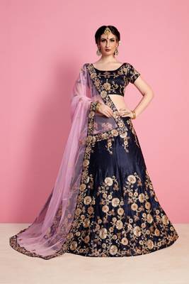 Navy-blue embroidered art silk semi stitched lehenga 2