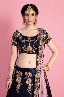 Navy-blue embroidered art silk semi stitched lehenga 3