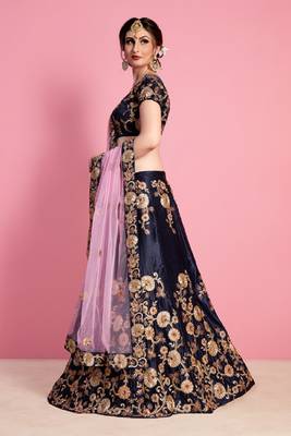 Navy-blue embroidered art silk semi stitched lehenga 4