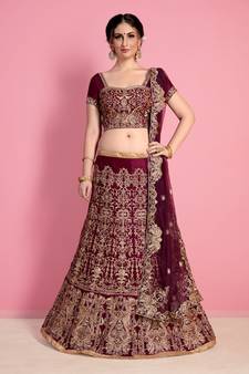 Wine embroidered art silk semi stitched lehenga