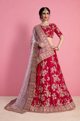 Pink embroidered velvet semi stitched lehenga 2