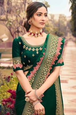 Dark green embroidered silk blend saree with blouse 2