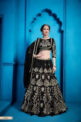 Black embroidered art silk semi stitched lehenga 2