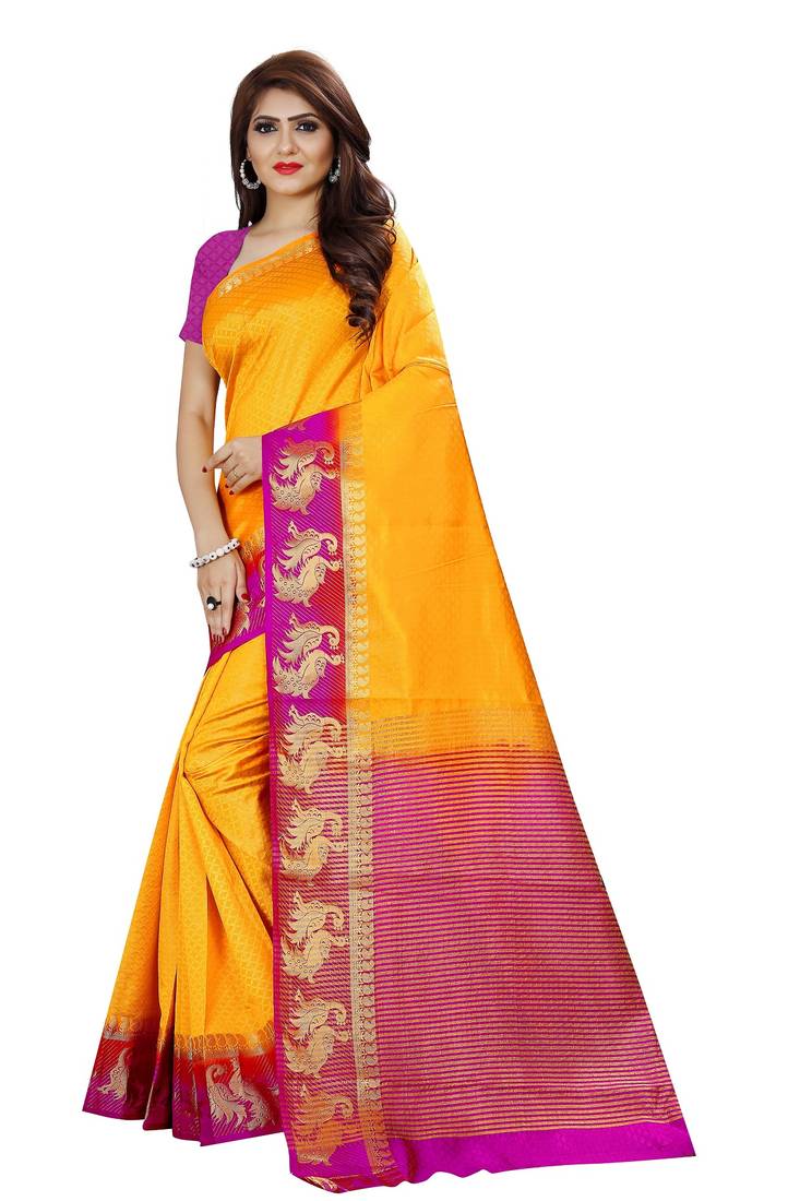 Orange colour woven jacquard silk saree with blouse Fonix Corporation