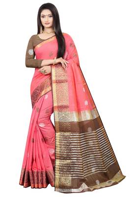Pink woven cotton silk saree with blouse 1