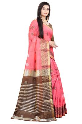 Pink woven cotton silk saree with blouse 4